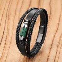 Bracelet en cuir multi-couches en pierre naturelle, fait main, avec cordon tressé et fermoir magnétique en acier inoxydable, style minimaliste
