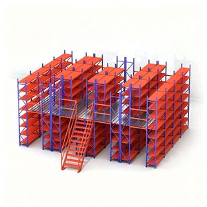 ชั้นวางสินค้าแบบ Heavy Duty Mezzanine ทำจากเหล็ก Q235 สองชั้น สำหรับคลังสินค้า โรงงาน จัดเก็บสินค้า สามารถปรับแต่งได้ ประกอบด้วยสกรู สีฟ้า - Product Image 1