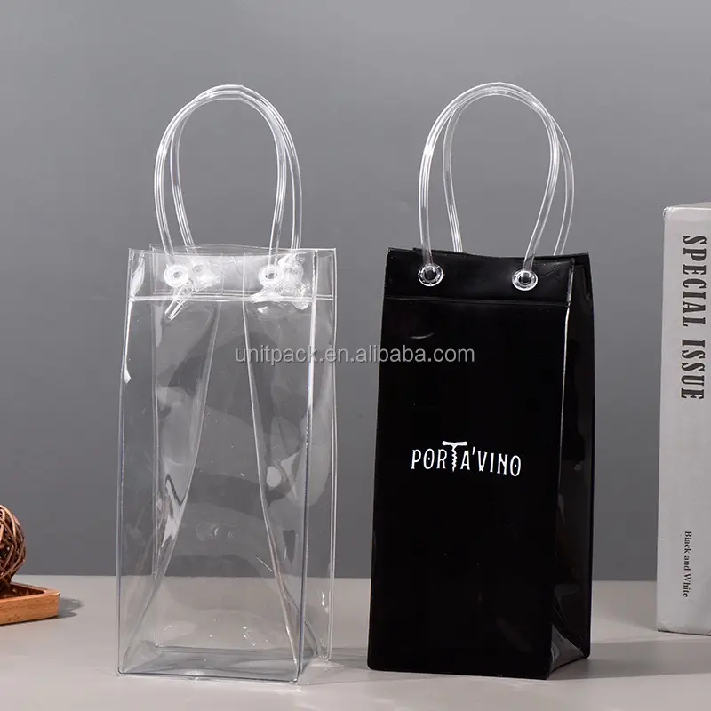 Sacola de vinho transparente em pvc plástico com estampa personalizada/design de sacola de transporte