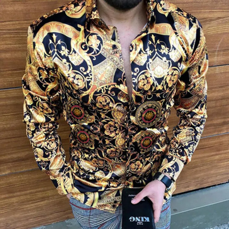 Quality new Mens Shirts golden Printing long Sleeve Tops 2021 fashion new design Men black blouse Streetwear plus size clothing