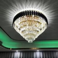 Lustre en cristal pyramidal à plusieurs niveaux de luxe, grand modèle 95 cm, suspension de plafond E14, or et noir, 2 couleurs, pour villa, hôtel, restaurant