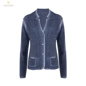 Guoou Frauen Kaschmir pullover Anzug Kragen Denim Blue Wool Cashmere Button Strick pullover