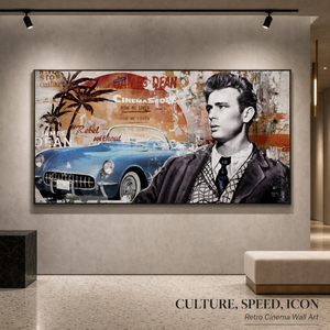 Quadro su Tela Vintage con Ritratto di James Dean in Stile Pop Art, Auto Classica e Poster con Graffiti - Product Image 1