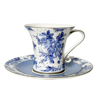 Service à thé en porcelaine bleu floral avec bordure argentée, ensemble de tasses à café pour le thé de l'après-midi, cadeau de mariage
