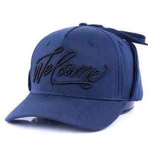 Новый дизайн темно-синего цвета, нашивка с вышивкой на заказ, зимняя 5-панельная шапка-ушанка из переработанного хлопка, шапка-ушанка с ушами