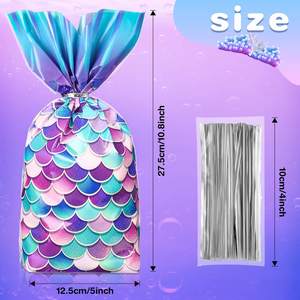 Birthday Girls Mermaid Party Favors Goodie Candy Bags Bolsas <span class=keywords><strong>de</strong></span> celofán <span class=keywords><strong>de</strong></span> fondo ancho con lazos plateados - Product Image 2