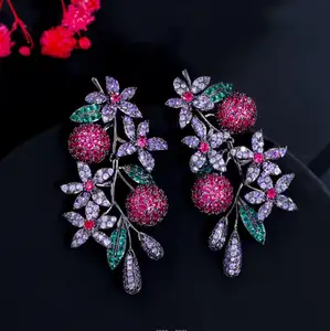 Shining Cherry Earrings Luxury Multicolor Purple Red Cubic Zirconia Long Drop Flower Earrings For Women Party Costume Jewelry