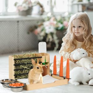 Tavşan saman besleyici ile kum kabı ahşap tavşan besleyiciler ve içenler küçük hayvanlar için ahşap tavşan saman besleyici besleme - Product Image 2