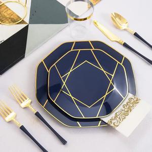 Assiette à steak hexagonale <span class=keywords><strong>jetable</strong></span> en plastique doré <span class=keywords><strong>bleu</strong></span> <span class=keywords><strong>marine</strong></span> de 7,5 pouces, <span class=keywords><strong>vaisselle</strong></span> pour hôtels et restaurants, fête - Product Image 2