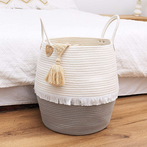 Panier de rangement tissé rond en coton et lin avec poignée, pliable, à pompons, grand format, pour vêtements, gris beige - Product Image 3