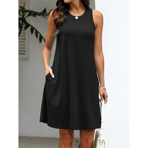 Robe d'été pour femmes, sans manches, col rond, coupe ample, mini-robe décontractée avec poches, tissu tricoté respirant - Product Image 6