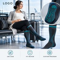Chaussettes de compression graduées pour mollets, avec tableau de mesure, manchette plus large, bout plat, couleur anthracite turquoise, densité tricotée, entretien et soin.