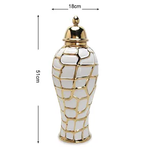J198 Ceramic Gold And White Ginger Jar Decoration Porcelain Hot Sale New Design Jar Home Decor