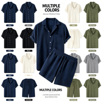 LANMORN Ensemble d'été décontracté pour homme, personnalisé, grande taille, 2 pièces, en velours côtelé uni, respirant, avec short et haut à manches courtes tissé