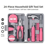Kit d'outils de bricolage rose 24 pièces pour femmes, marteau, tournevis, pinces, mètre ruban, clés hexagonales, boîte à outils de base en métal et plastique