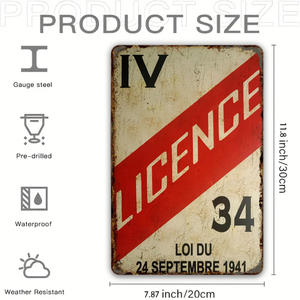 <span class=keywords><strong>Plaque</strong></span> Murale Métallique Vintage IV LICENCE 34 Loi du 24 Septembre 1941 Rétro Français Effet Vieilli pour Garage, Bar, Pub, Cave à Hommes - Product Image 2