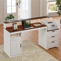 Bureau d'ordinateur convertible réglable en bois style ferme pour bureau à domicile avec tiroirs de rangement, 3 prises CA et 2 ports USB