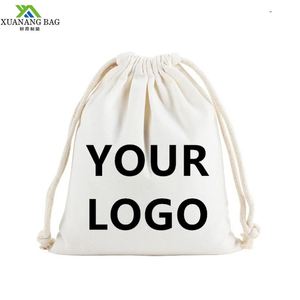Sacs cadeaux en coton naturel avec cordon de serrage, logo personnalisé imprimé, pochettes de rangement unies avec texte personnalisé, vente en gros, 100 pièces/lot - Product Image 1