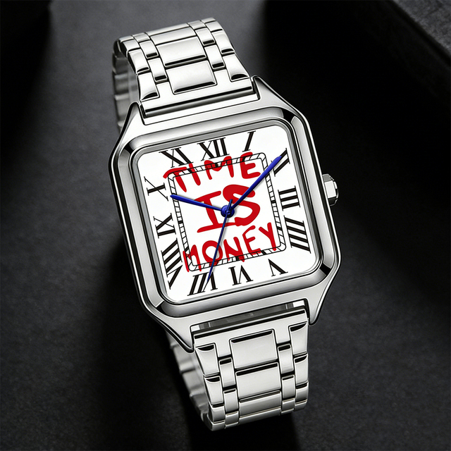 TIME IS MONEY Men's Stainless Steel Alloy Square Dial Watch Luxury Business Roman Digital Quartz Watch Waterproof