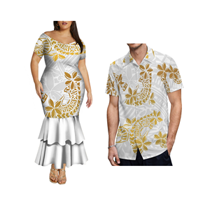 批发定制搭配情侣服装女士脱肩波利尼西亚印花美人鱼舞会礼服和加大码阿罗哈男士衬衫 - Product Image 1