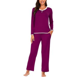 Ensemble pyjama en viscose de bambou personnalisé pour femmes, vêtements de nuit doux à manches longues, haut à col en V avec pantalon, vêtements de détente - Product Image 2