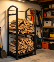 Support à bois de chauffage en métal à 2 niveaux, en fer noir, pour rangement de bûches, support de bois pour foyer intérieur/extérieur, pour patio, véranda, foyer