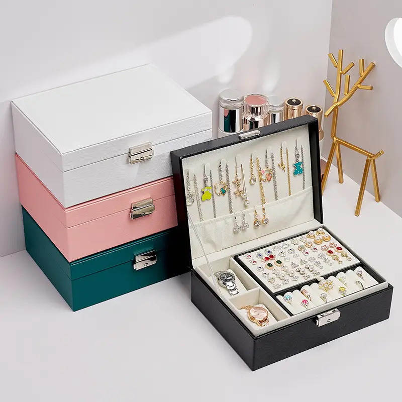 Caixa de couro PU para joias, caixa com 2 camadas para anel, colar e relógio, organizador de embalagens de joias, novidade popular