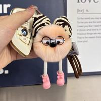 Porte-clés en fausse fourrure de lapin Rex, avec lunettes de dessin animé, pompon Kawaii, jouet en peluche doux, breloques de sac, nœud imprimé léopard, décorations pour cheveux et porte-clés de voiture