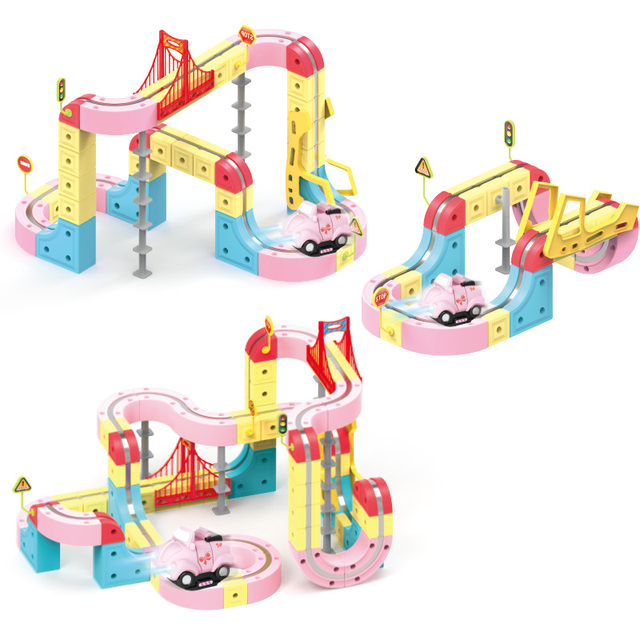 New Magic Slot Toys Electronic Track Car 3D DIY Assembly Magnetic Track Train Construction Pink Building Block Set Toy for Kids