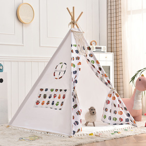 Tente triangulaire confortable de haute qualité <span class=keywords><strong>pour</strong></span> enfants - Structure en bois, tissu en coton et lin, facile à ouvrir, maison de jeu intérieure - Product Image 5