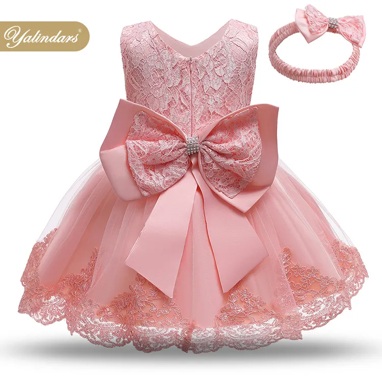 Wholesale fashion children birthday party 6 colors big bow back baby frocks kids lace girl dress with hairband