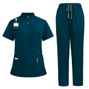 Conjuntos de Uniformes Médicos Unisex con Cuello Alto y Cierre Frontal para Doctores y Enfermeras - Bata Quirúrgica y Pantalones Rectos de Tela Dobby de Poliéster en Colores Sólidos - Product Image 4