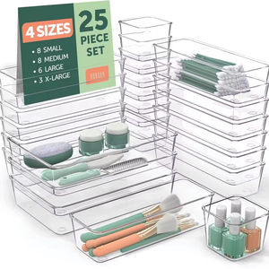 25 PCS Limpar Organizadores De Gaveta De Plástico Set 4 Tamanho Versátil Banheiro e Vanity Gaveta Organizador Bandejas Caixas De Armazenamento - Product Image 1