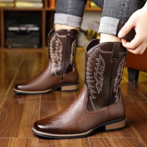 Bottes de cowboy western montantes brodées pour hommes, bottes de chevalier tendance à blocs de couleur, bottes d'équitation à bout carré - Product Image 6