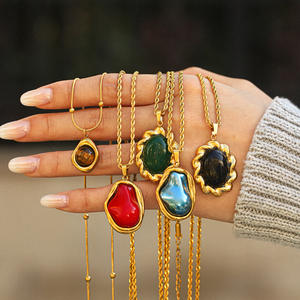 Kalung Liontin Mutiara Batu Semi Mulia Berlapis Baja Tahan Karat Retro Mystara Berkualitas Tinggi dengan Rantai Bambu yang Modis - Product Image 1