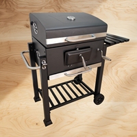 Barbecue au charbon de bois en fonte pour extérieur, avec fumoir, panier à charbon réglable, étagère latérale et roues
