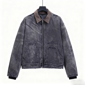 Người đàn ông cổ điển denim làm việc Áo khoác đường phố Retro đau khổ thiết kế tương phản cổ áo quá khổ thời trang dạo phố đô thị tiện ích bảo hộ lao động bền - Product Image 3