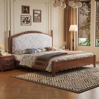 Massivholz-Plattformbett, Vintage Chinesisches Gelenkbettgestell mit Gebogenem Gepolstertem Kopfteil, Queen/King-Size für Schlafzimmer