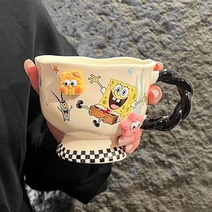 <span class=keywords><strong>Tasse</strong></span> à café en céramique Bob l'éponge à motif à carreaux, base surélevée, <span class=keywords><strong>tasse</strong></span> à eau pour couple, cadeau mignon - Product Image 2