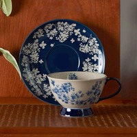 Ensemble tasse et soucoupe à café en porcelaine bleue et blanche de style rétro, design floral, 220 ml, cadeau élégant pour la meilleure amie