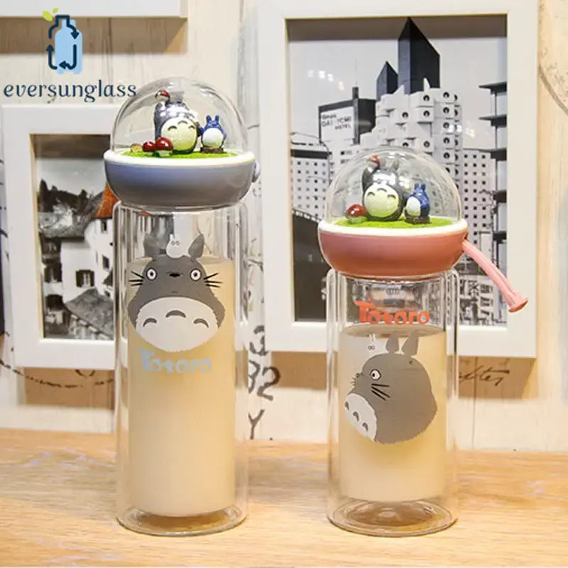 Botella de leche de cristal de borosilicato de doble pared con patrón de Totoro, creativa, venta al por mayor, 320ml