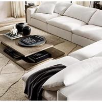 Canapé modulaire moderne américain, canapé en tissu de lin belge avec coussins garnis de duvet