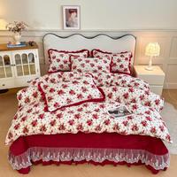 Juego de Ropa de Cama de 4 Piezas con Cubrecama de Terciopelo Lácteo y Volantes de Encaje de Doble Capa