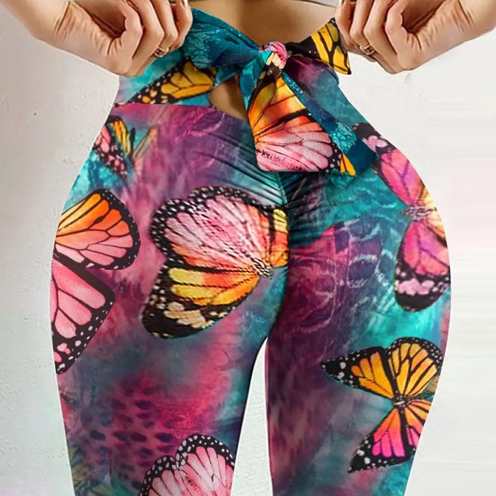 Новинка 2022, модные женские штаны для йоги Ramax для девочек с принтом бабочки и бантом, облегающие леггинсы с высокой талией и цифровым принтом, длинные брюки