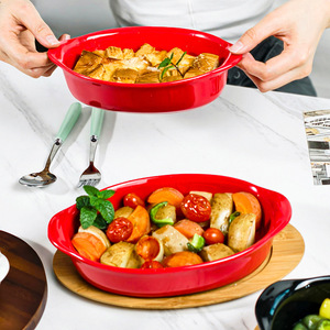 Plat <span class=keywords><strong>de</strong></span> cuisson ovale simple à double poignée en céramique, résistant au micro-ondes, avec glaçure colorée, pour gratins - Product Image 2