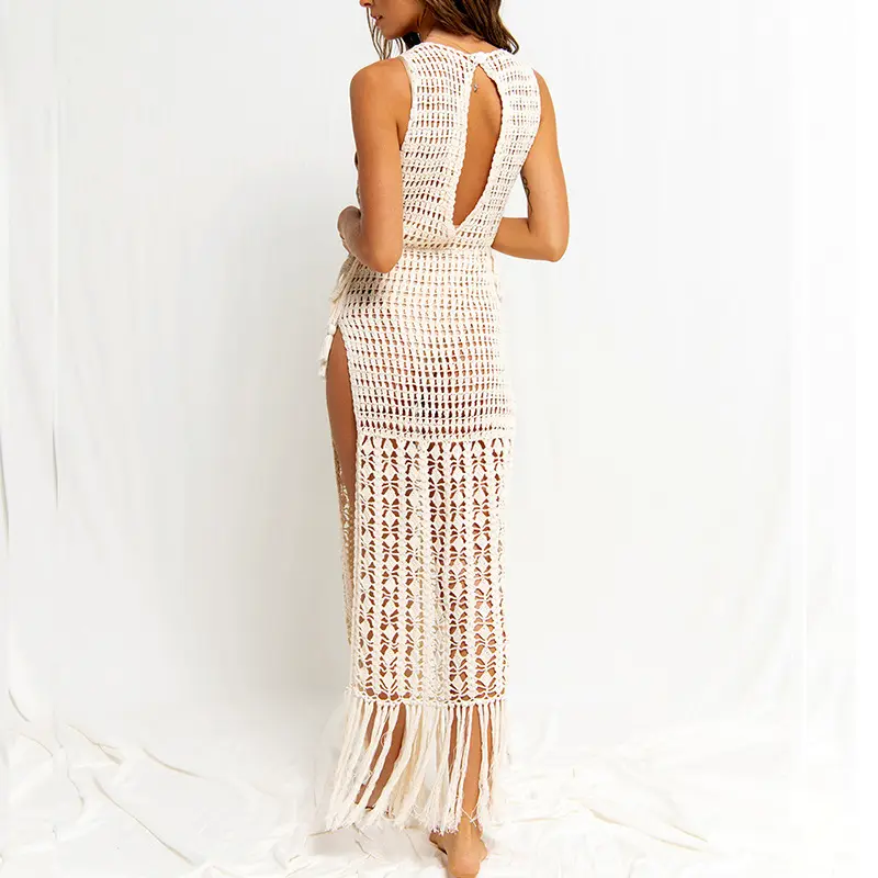 Summer Women Crochet Cover Up Long Hollow Out Split Backless Beach Knit Dress