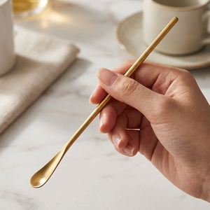 Cuchara para Café y Tenedor para Frutas de Acero Inoxidable 304 con Mango Largo, Minimalista, con Recubrimiento PVD Dorado, para Bar o Cafetería, Venta al Por Mayor - Product Image 1