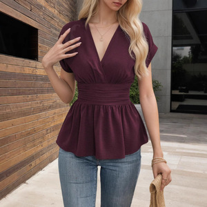 Top Estivo Elegante da <span class=keywords><strong>Donna</strong></span> in 5 Colori, Scollo a V, Vita Arricciata, Manica Corta, Orlo con Volant - Product Image 1