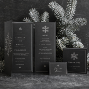 Suite de papeterie personnalisée pour <span class=keywords><strong>mariage</strong></span> d'hiver : Invitation, Menu, Carte de remerciement en papier anthracite avec dorure argentée, pour thème hiver et fêtes, faible MOQ - Product Image 2