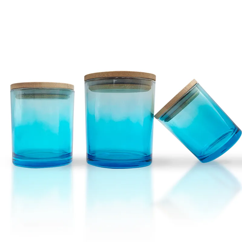 Petit récipient de bougie vide en verre bleu dégradé de pulvérisation de 7oz 10oz avec couvercle en bois